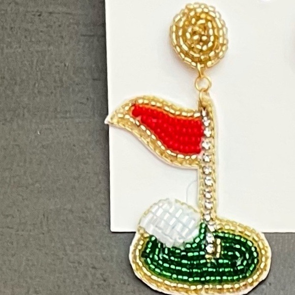 ⛳️Golf Green Red Flag Hole in One Links PGA Rhinestone & Seed Bead 3” Earrings - Picture 2 of 3